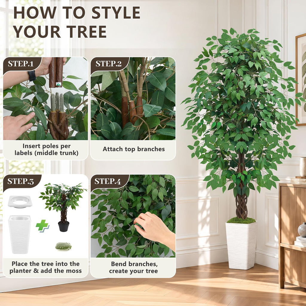 Artificial Ficus Tree, 6FT Tall Fake Plant, Large Faux Floor Tree
