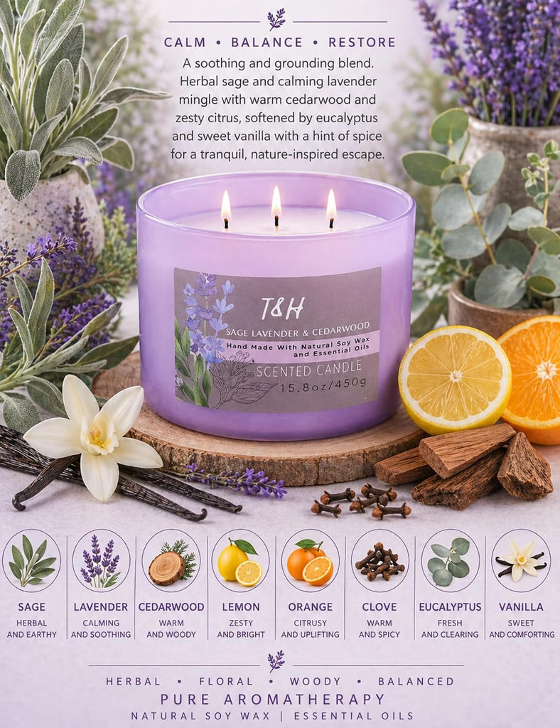 Sage Lavender Cedarwood 3-Wick Soy Candle, 15.8 oz Scented Candle - Set of 158