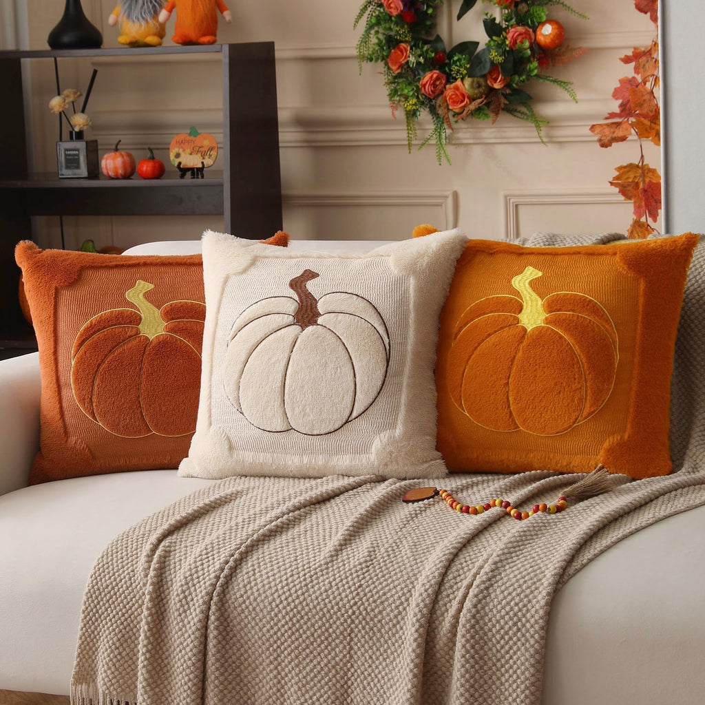 Fall Pillow Covers 18x18 2 Pack Beige Pumpkin Home Decor PT010A18 - Set of 2