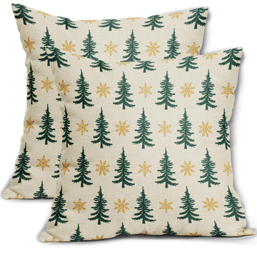 Christmas Tree Pillow Covers 18x18 Set of 2 Forest Green Yellow Xmas Tree Snowflake Winter Decorative Outdoor