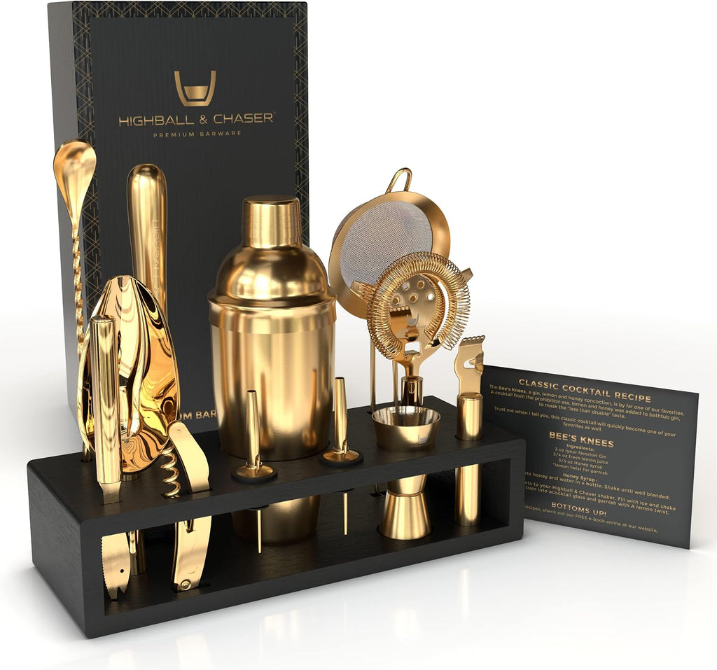 Bartender Kit with Espresso Bamboo Stand. Beautiful Cobbler Cocktail Shaker Set with Bar Tools Rustproof Stainless - Set of 13