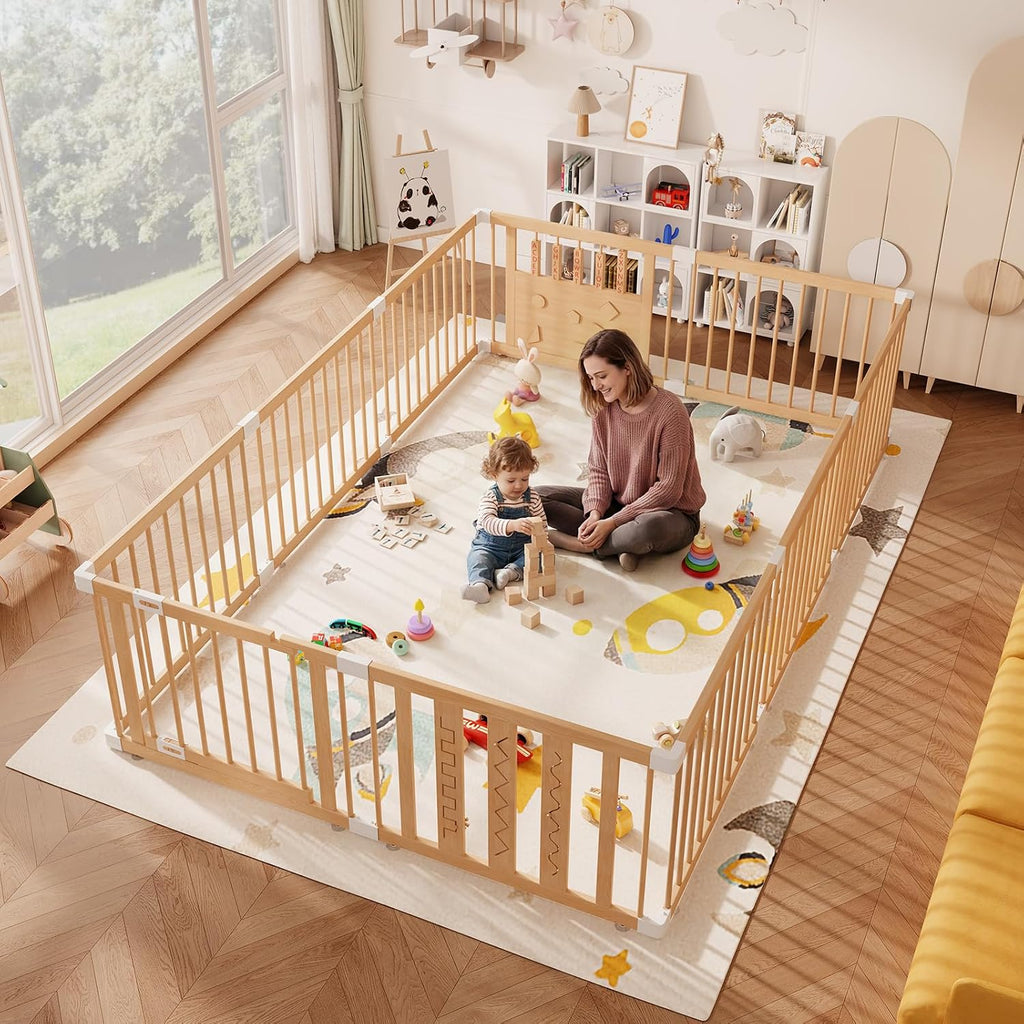 Wooden Baby Playpen, 96"x64" Extra Large Play Yard for Toddlers | Natural Wood Playpen with Child-Proof Lock, Easy
