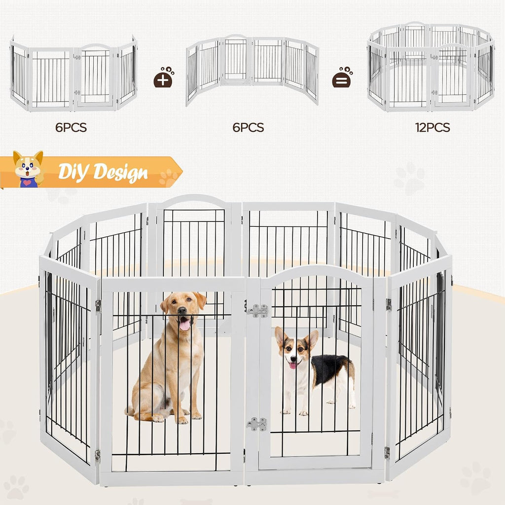 32-inch Tall Dog Gate with Door Extra Wide Pet Gate for Dogs, Foldable Wire & Wooden Puppy Safety Fence w/3 Support
