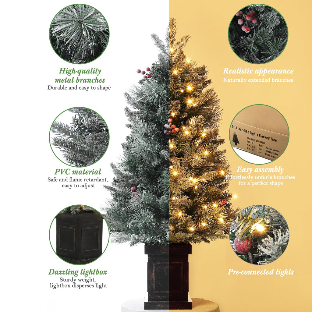 3FT Prelit Snow Flocked Christmas Tree with Prelit Premium 70 LED 8 Mode Battery Powered Mini Small Xmas Tree for
