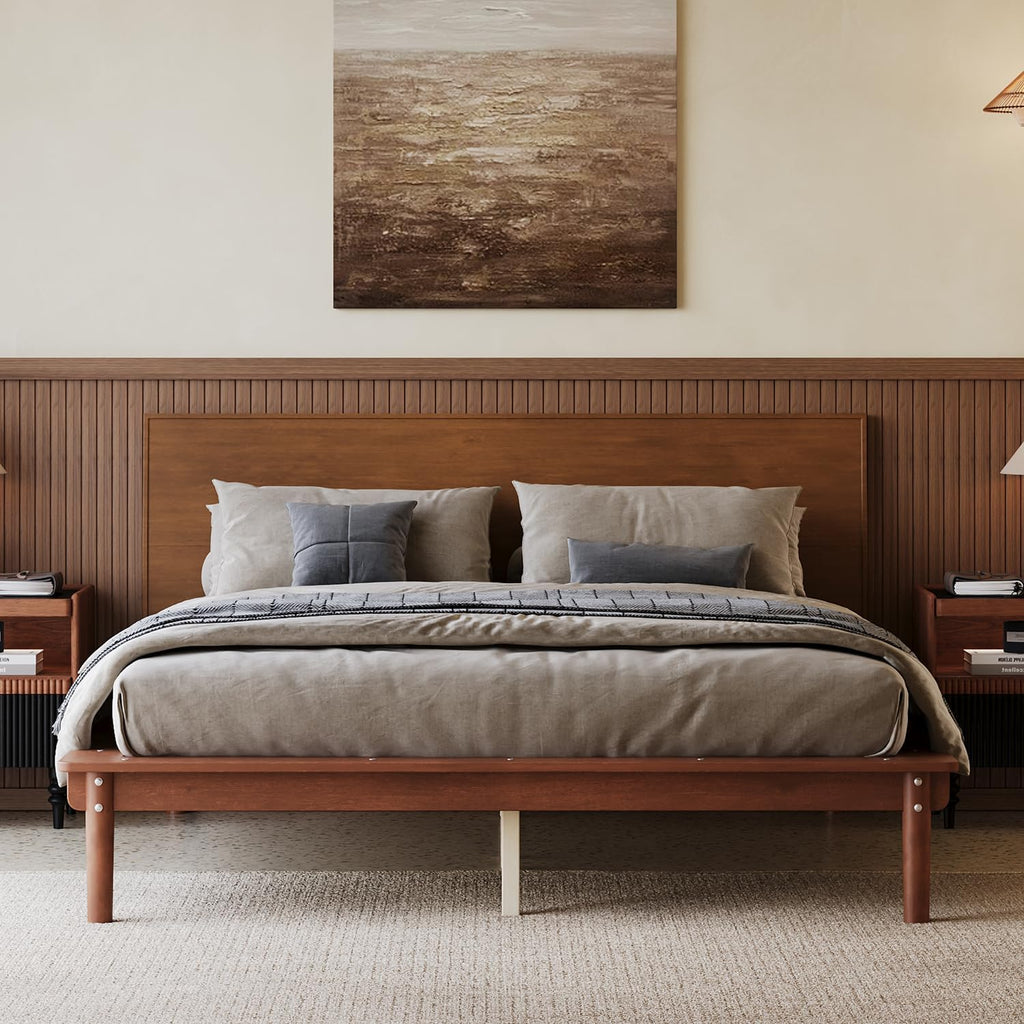 Queen Size Japanese Wooden Bed Frame with 38 inch H Walnut Headboard