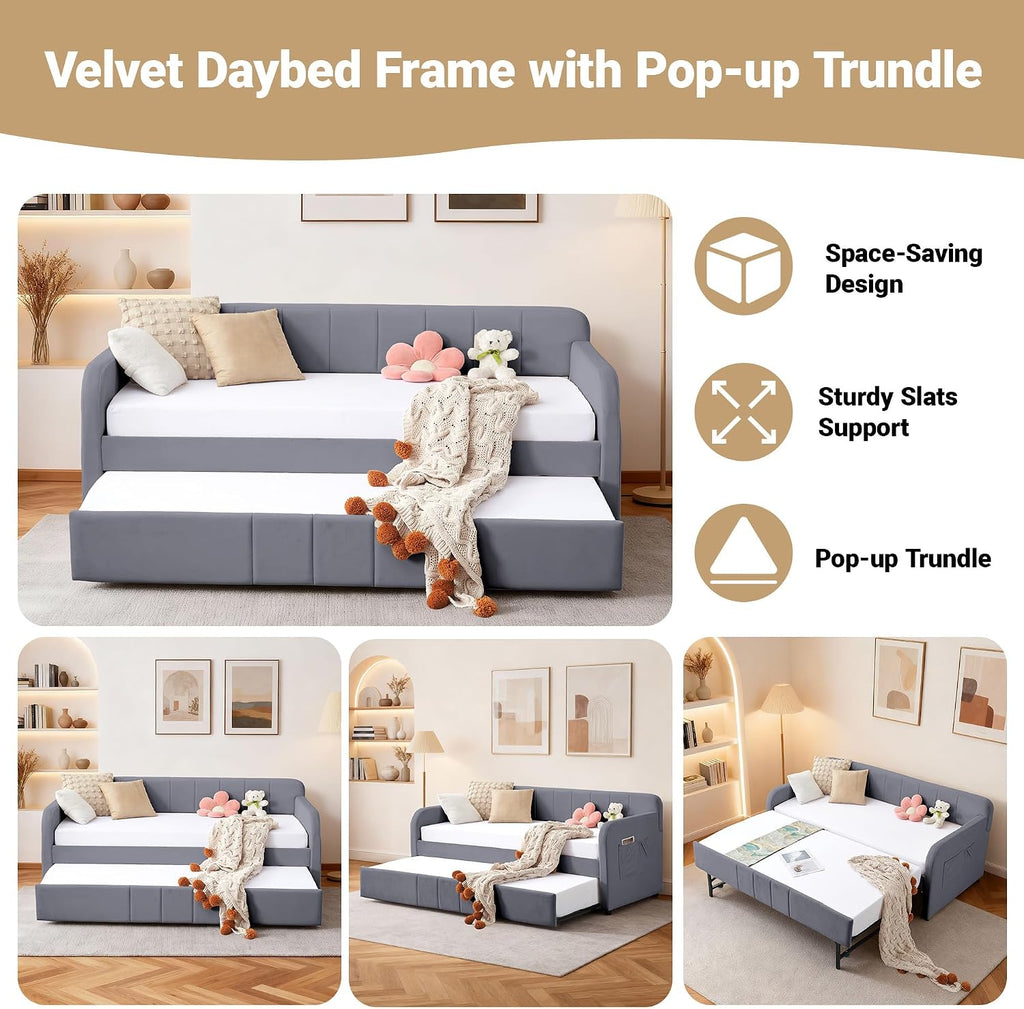 Twin Size Velvet Daybed Frame with Pop-up Trundle Bed Guest/Living Room, Space-Saving Upholstered Sofabed with USB