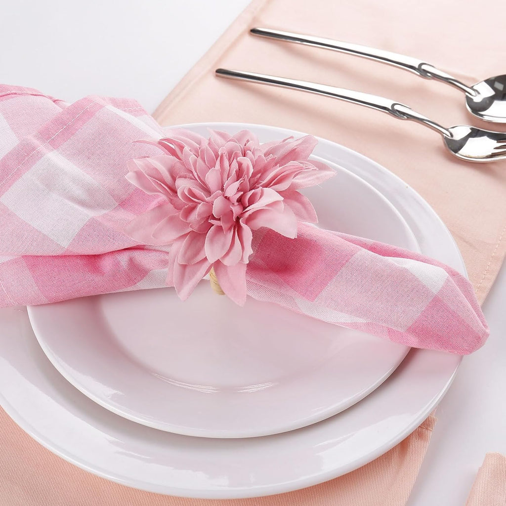 Farmhouse Flower Napkin Rings, Faux Pink Dahlia Napkin Ring, Natural Serviette Buckles Holder for Gift,Table - Set of 8