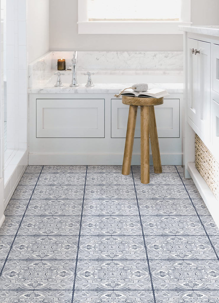 Hastings Peel and Stick Floor Tiles, Blue, Medallion Vinyl Floor Tiles, Water Resistant, 12 in x 12 in, Pack of 10