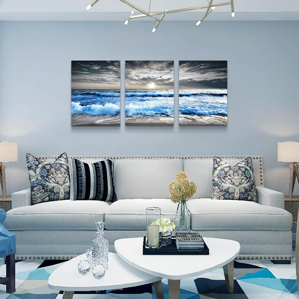3 Panel Blue Beach Canvas Wall Art Decor Bedroom Wall painting Sunset White Wave Beach Pictures on Canvas Sea View