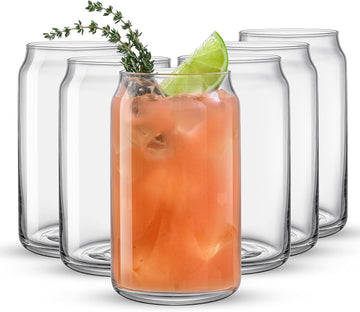 Drinking Glass Cups Set of 6-16oz Beer Can Glasses. Clear Soda Can Shaped Glass Cups, Cute Iced Coffee Cup Tumblers