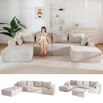 Boneless Couch, 132" U-Shaped Modular Sofa, Left-Facing Chaise