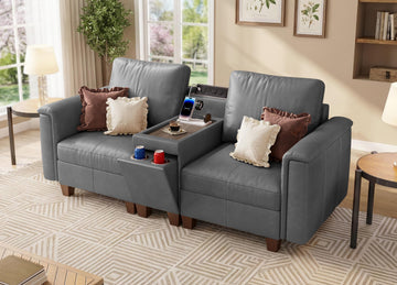 Faux Leather Sectional Sofa, 2 Seater Couch with Console, Gray
