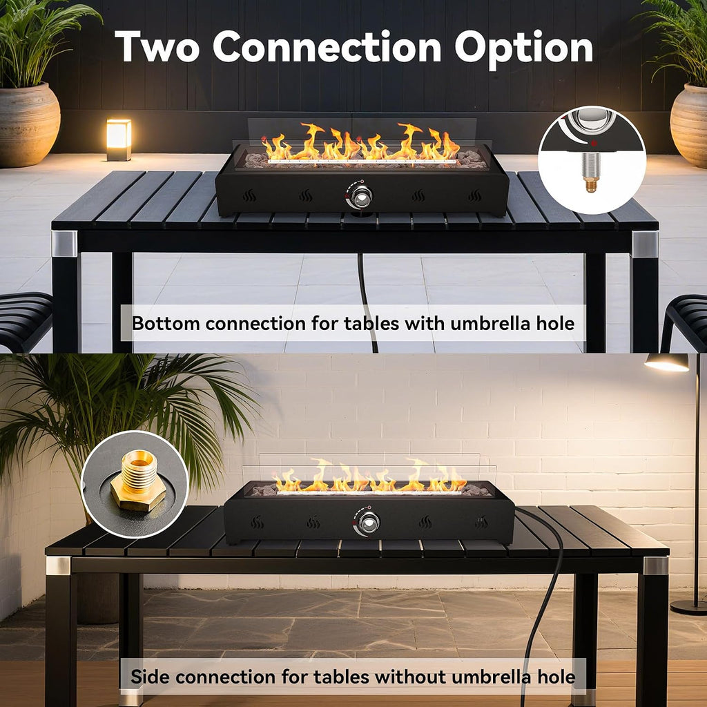 28'' Tabletop Fire Pit Table, Propane Gas Firepit Bottom Mounted for Table with Umbrella Hole, Glass Wind Guard and