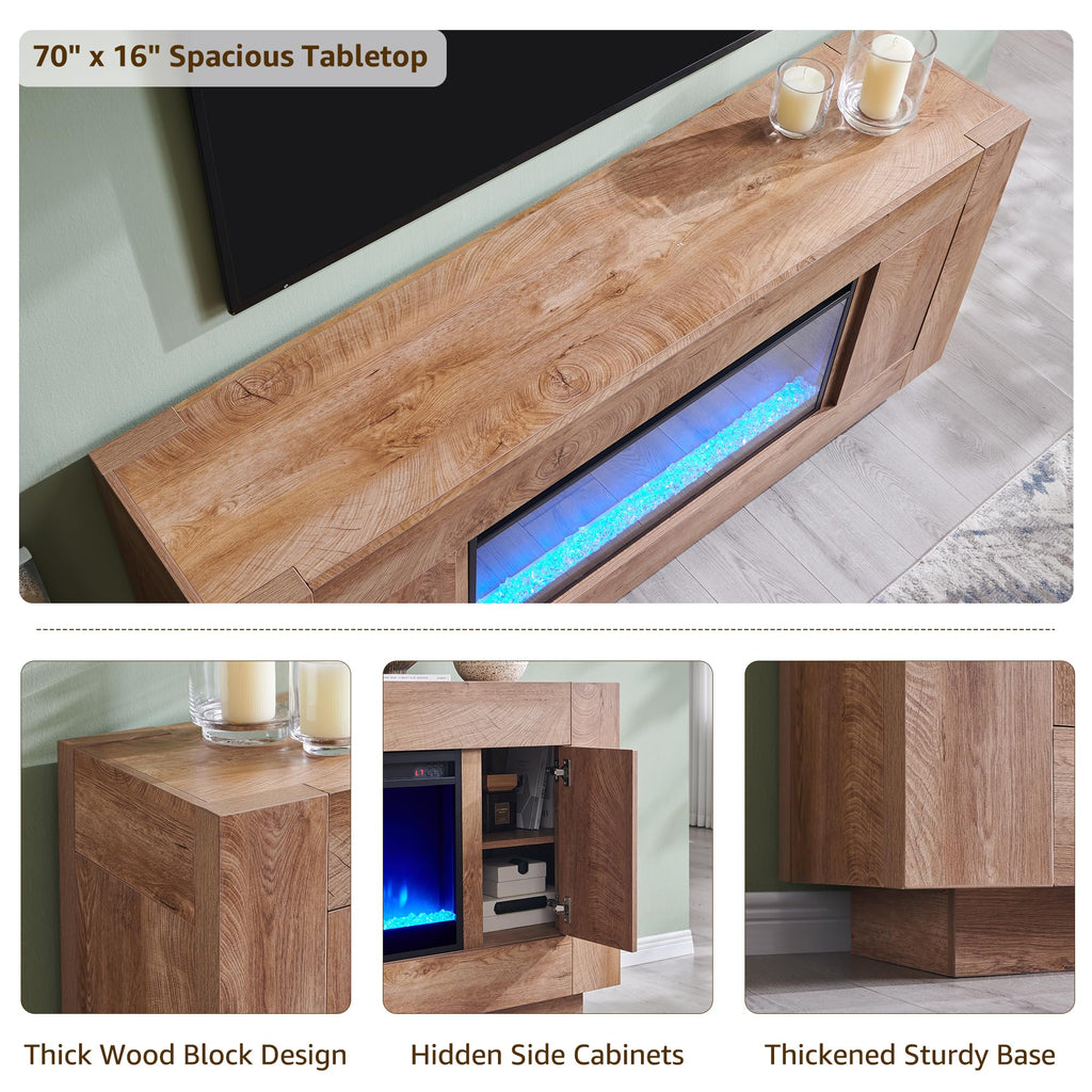 70" Fireplace TV Stand for 80" TV, Thick Block Media Console, Light Oak