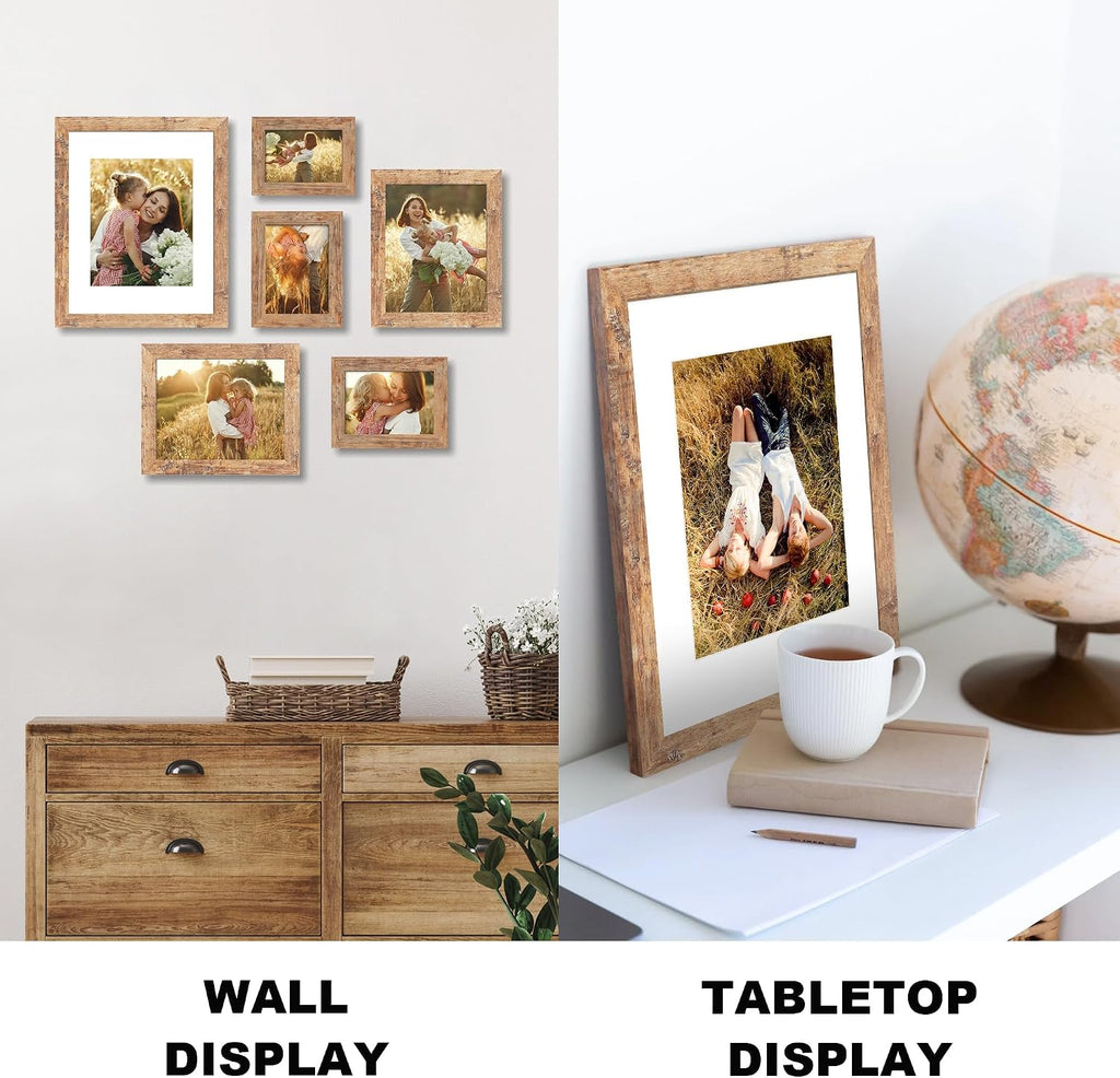 8x10 Picture Frame Set of 6, Brown Rustic Frame with High Definition Real Glass, 8 x 10 Wood Photo Frames for