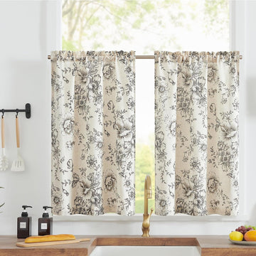 Floral Linen Tier Curtains Farmhouse Botanic Cafe Drapes for Small Windows Rustic Half Window Curtains