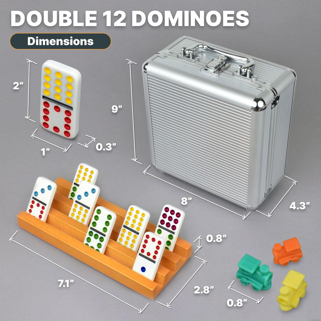 Mexican Train Dominoes Set with 8 Holders - Wooden Hub and Tiles Holders - Double 12 Tiles with Dots (D12 + 8 Holders)