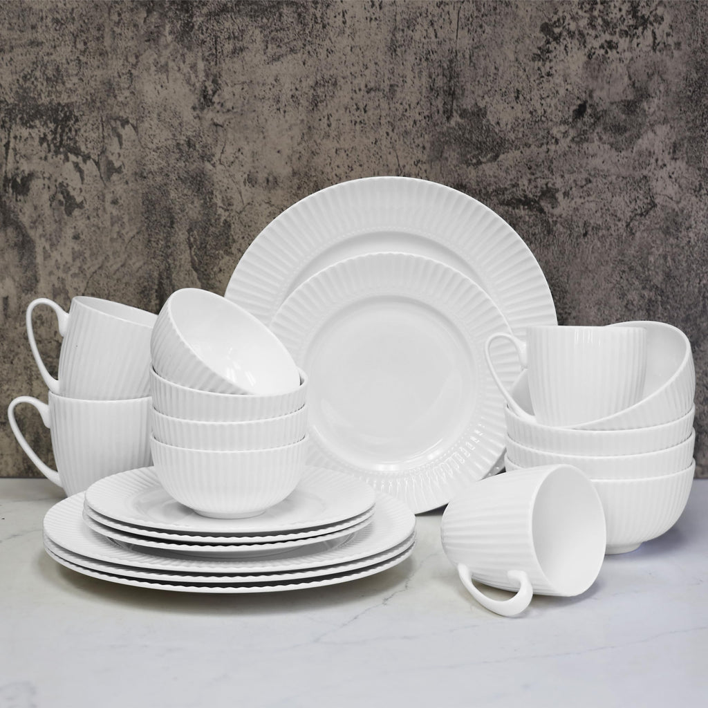 Bone China Dinnerware, 20PC Set, Service for 4, White Embossed, stripe, Microwave Safe, Translucent, Elegant