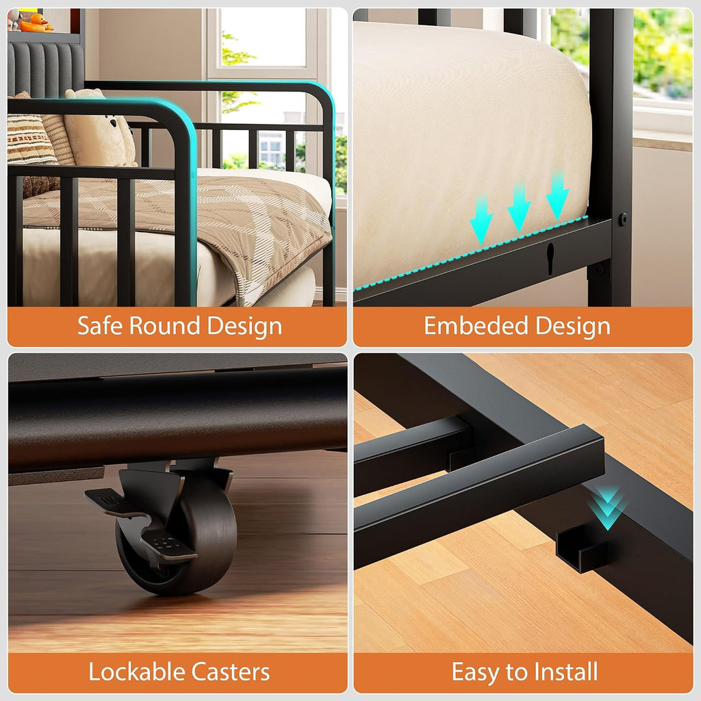 Daybed with Trundle and LED Light, Heavy Duty Metal Full Bed Frame with Upholstered Storage Headboard & Charging
