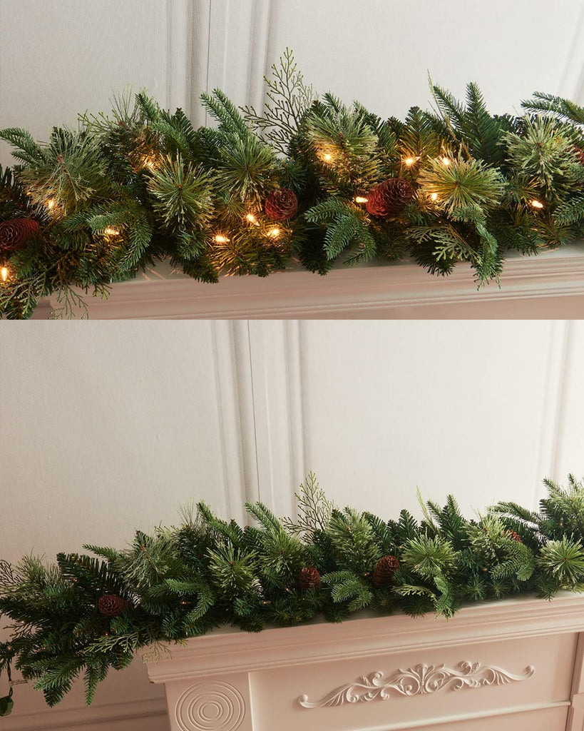 9Ft Pre-lit Christmas Garland with 50 LED Lights Battery Operated,Holiday Decoration Stairs Wall Mantle Door Indoor