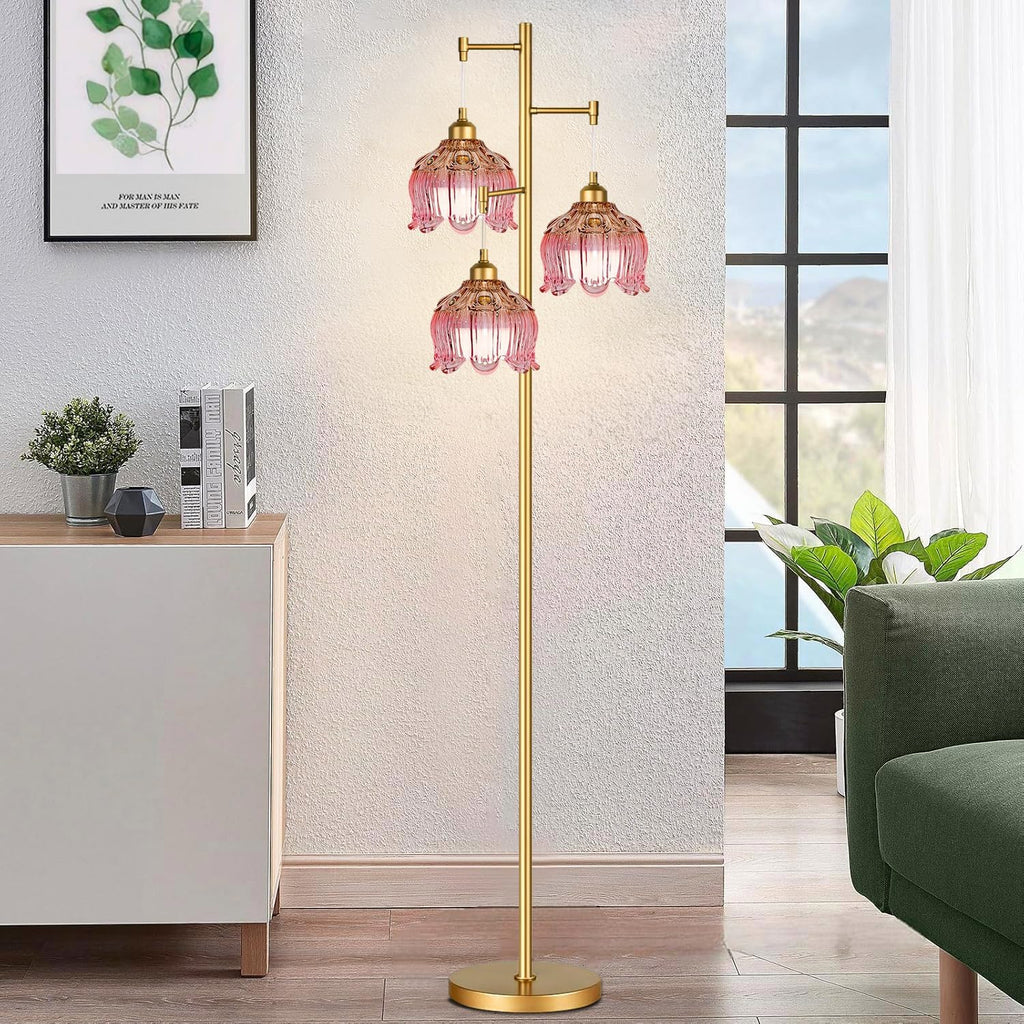 Pink Floor Lamp,Gold Mid Century Modern Standing Lamp Brass Tree 3 Light Tall Floor Lamps Vintage Retro Floor Lights