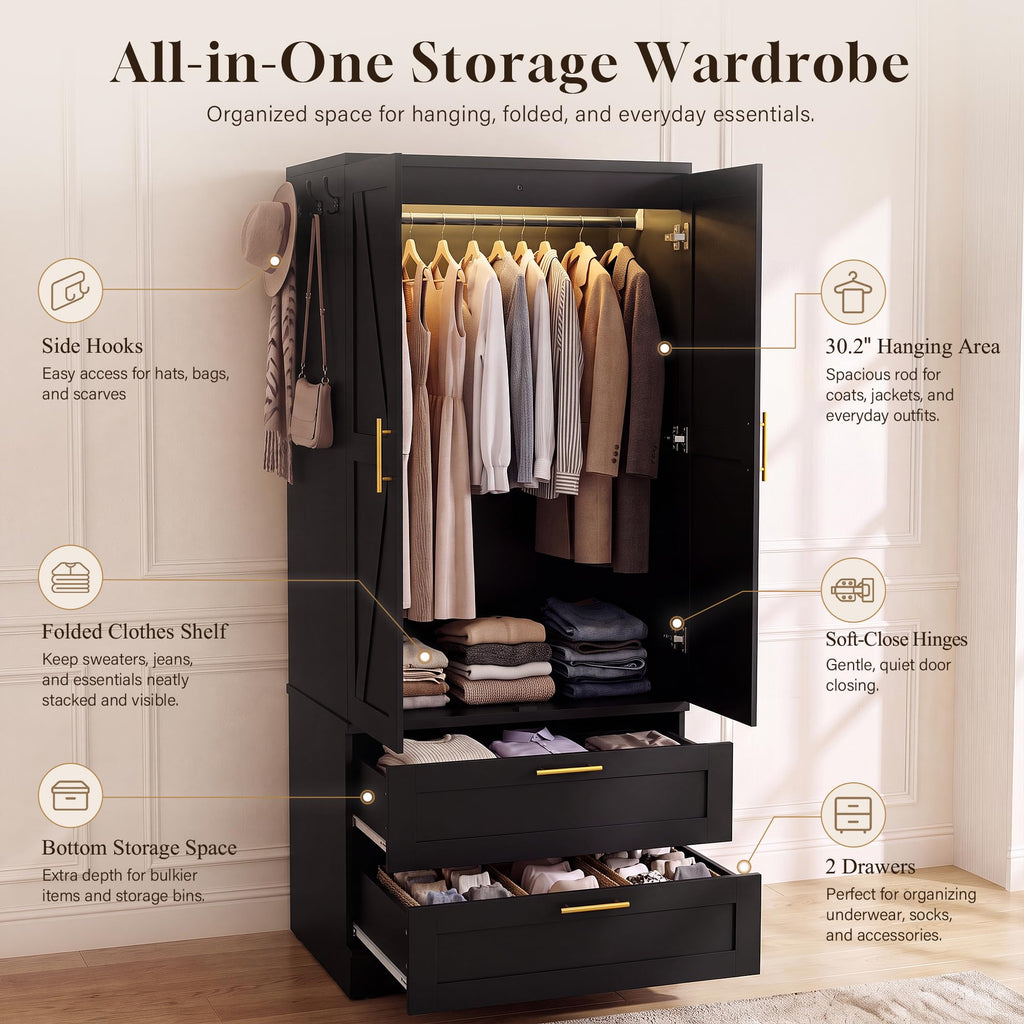 70.9" Armoire Wardrobe Closet with Sensor Light, 2 Drawers (Black)