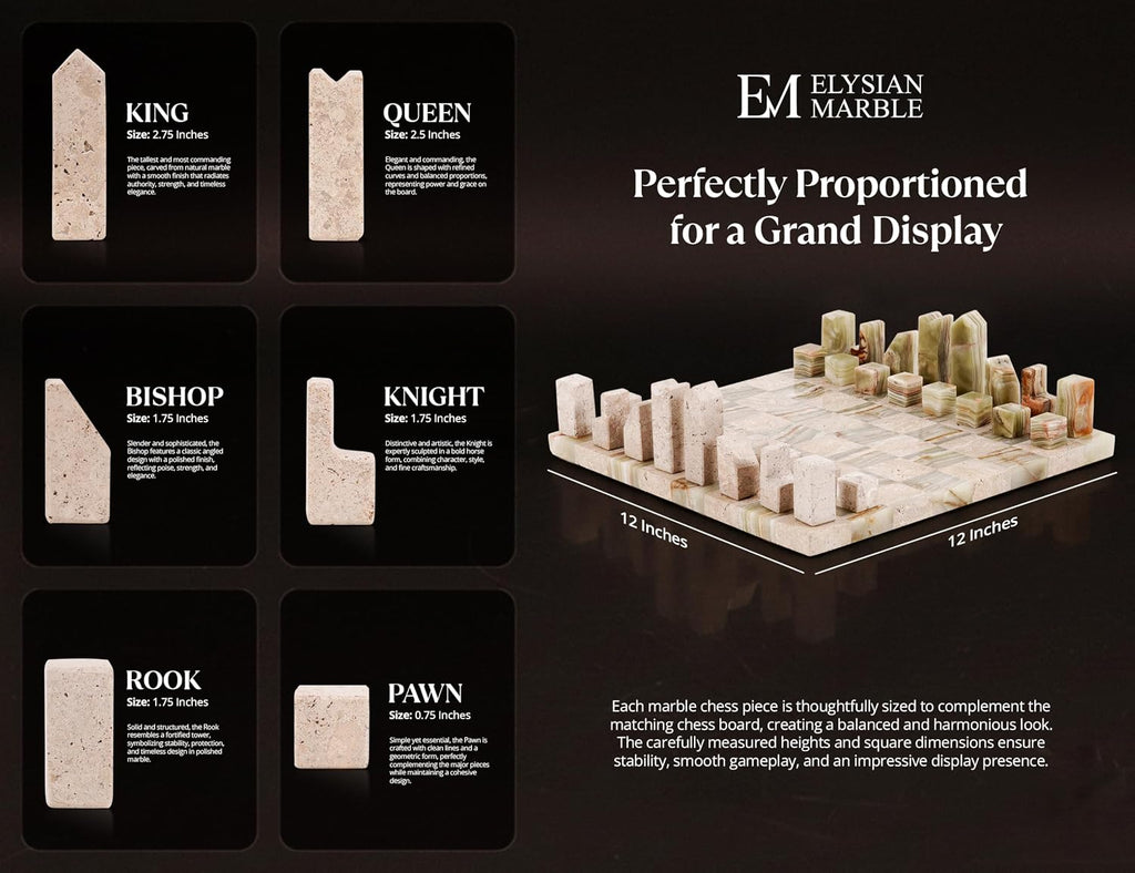 Modern Chess Set - Handcrafted Borderless Marble Chess Board with Minimalist Geometric Pieces, Luxury Decorative