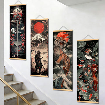 4PC Japanese Samurai Scrolls Canvas Wall Art Poster 11.81x35.43in