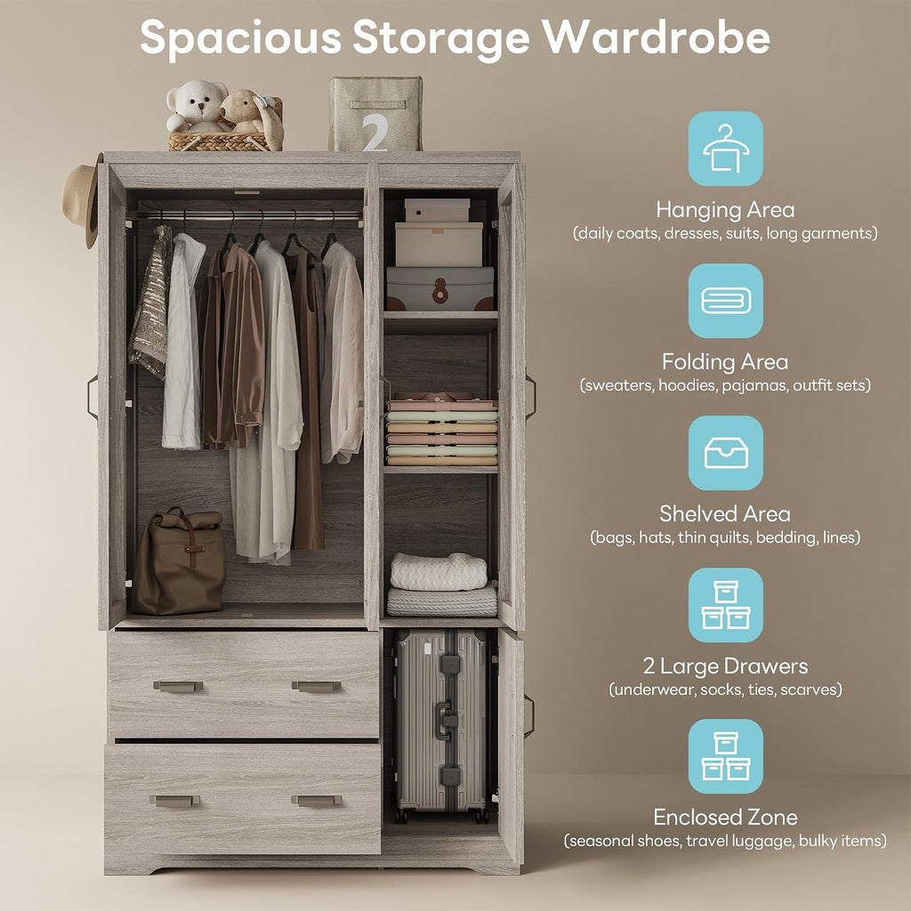 Wardrobe Closet, 70" Tall 4 Doors Large Wooden Closet with 2 Drawers, 3 Shelves Bedroom Armoire with Hanging Rod