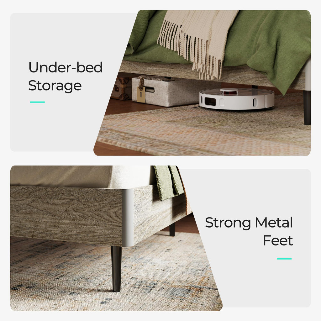 Queen Bed Frame with Ergonomic Headboard, Farmhouse Wood Bed Frame Queen Size with Storage Shelf, Noise-Free, No Box