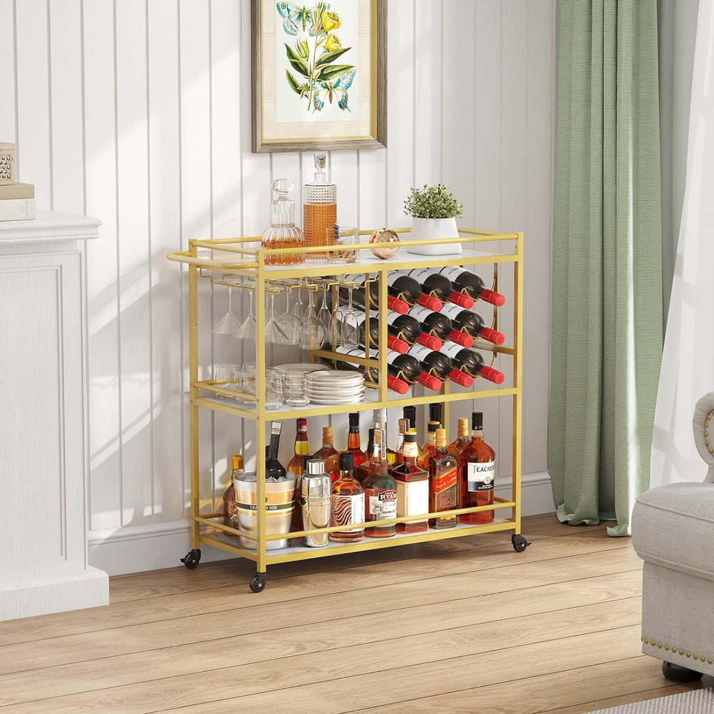 3 Tier Rolling Serving Bar Cart with Lockable Wheels, Gold | 12 wine rack and 3 rows glass holders, liquor serving