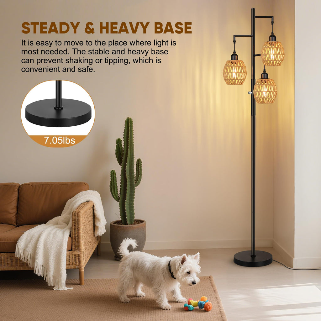 Dimmable Boho Floor Lamp - 3 Light Farmhouse Rattan Floor Lamps, Tree Floor Lamps with Bohemian lampshades, Rustic