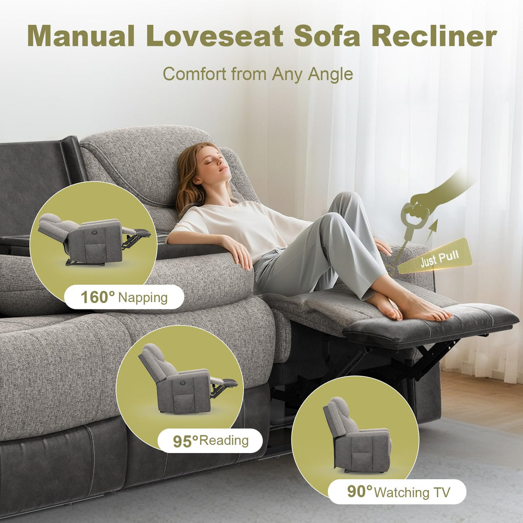 Manual Recliner Sectional Sofa, Corner Couch with Flip Middle Backrest, USB Ports & Cup Holders, Grey Linen &