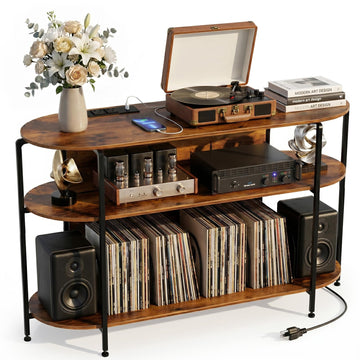 Vinyl Record Player Stand with Power Outlets, 43.3" Mid Century Turntable Stand Console Table, 3-Tier Arc Record