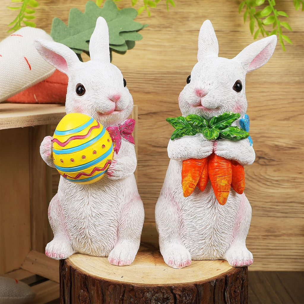 Easter Bunny Figurine Decor, Standing Spring Resin White Rabbit Couple Statue Tabletop Ornament, Festival - Set of 2