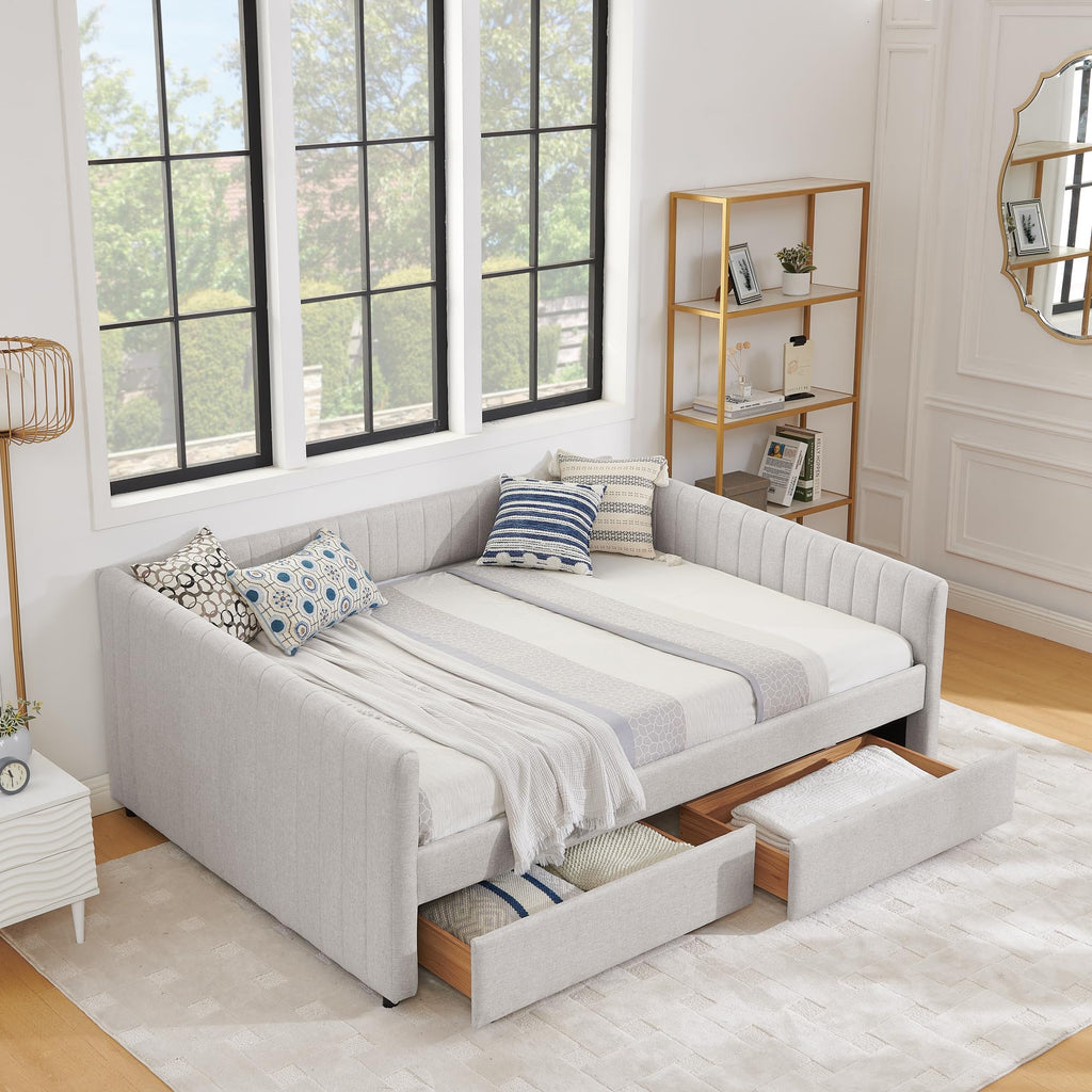 Queen Size Linen Upholstery Daybed with 2 Drawers, Modern Style Tufted Corner Sofa Bed Frame with Solid Wooden Slats