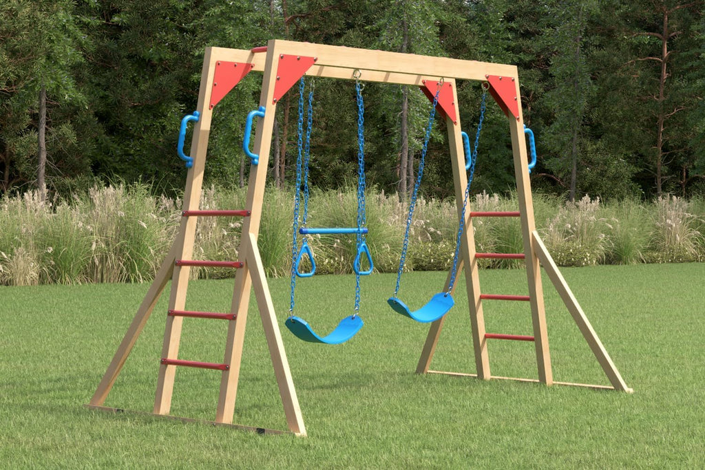 Wooden Swing Sets for Backyard with Monkey Bar, Outdoor Playset for Kids with Trapeze Swing Bar and 2 Belt Swings