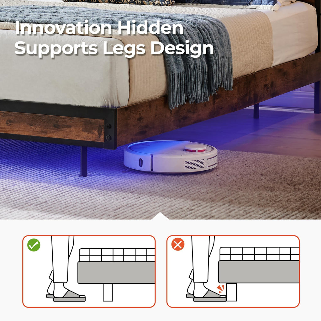 Bed Frame with 2-Tier Storage Headboard, Sturdy Metal Platform Bed Frame with Charging Station & LED