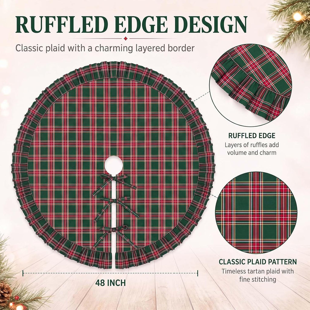 48 Inch Plaid Christmas Tree Skirt with Ruffle, Red Green Yellow