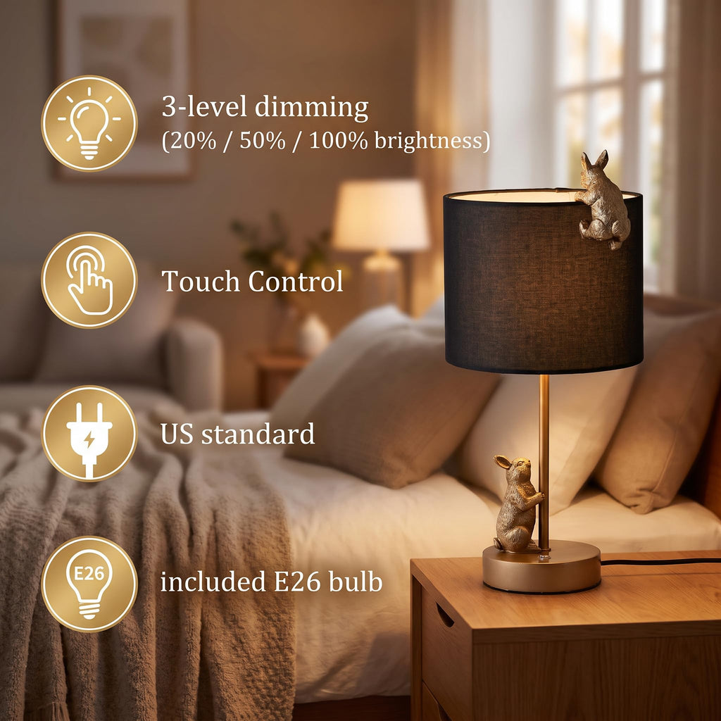 Whimsical 3-Way Dimmable Rabbit Table Lamp 14.5" Antique Bronze Bunny Bedside Light with 7W E26 LED Bulb, Unique