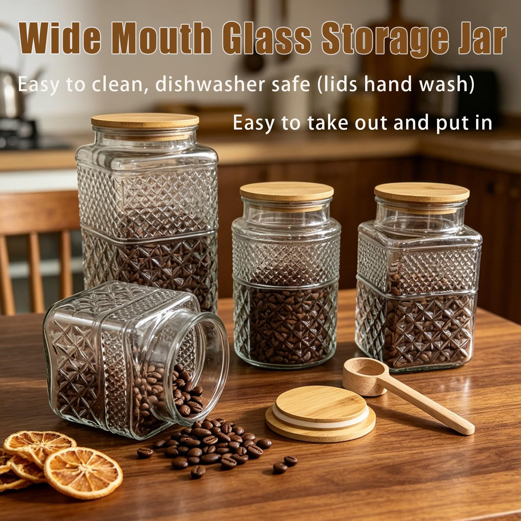 60oz Square Glass Storage Jars with Airtight Lids and Spoon