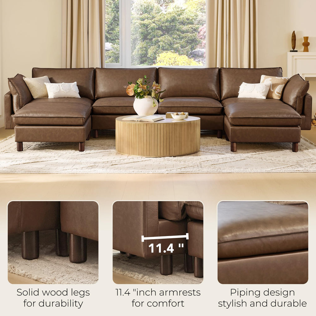127" Leather Super Large Sectional Couches, Modular Sectional Sofa, Premium Genuine Leather Sofa, Down Filled, High
