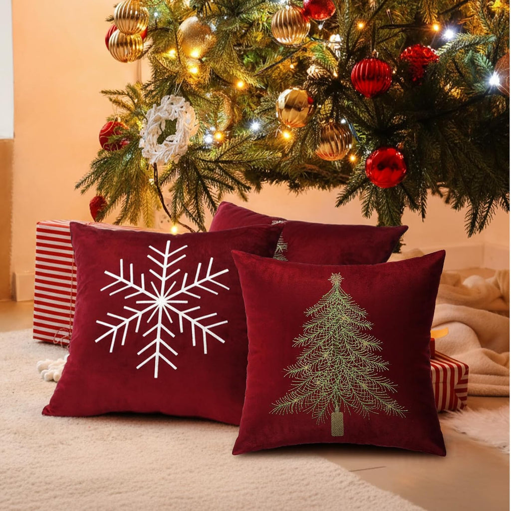 Christmas Pillow Covers, Red, Snowflake and Xmas Tree - Set of 2