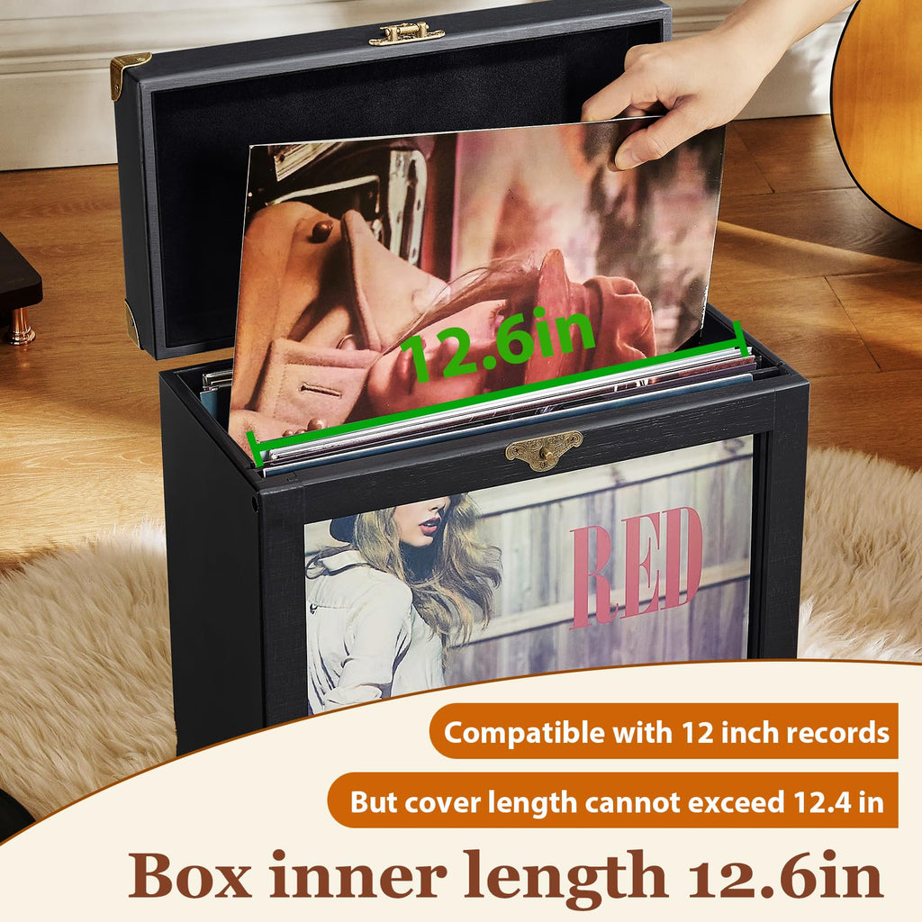 Vinyl Record Storage, Solid Wood Vinyl Record Box with Display Window Fits Standard Records- 7/10 Inch, (Upgrade