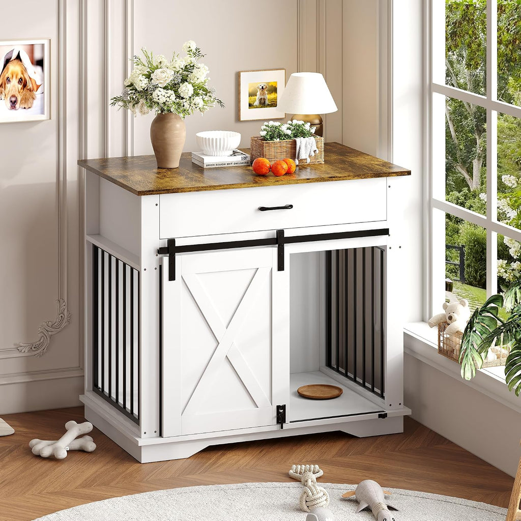 Dog Crate Furniture Kennel with 2 Drawers Storage, Cabinet Wooden End Table