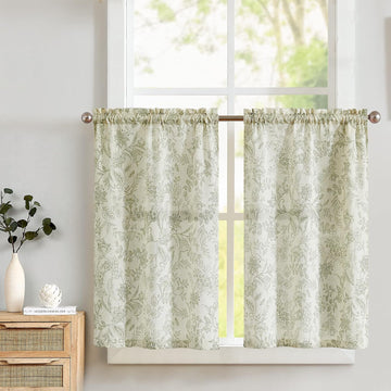 Green on Beige Floral Vine Linen Kitchen Curtains 26W X 24L 2 Panels