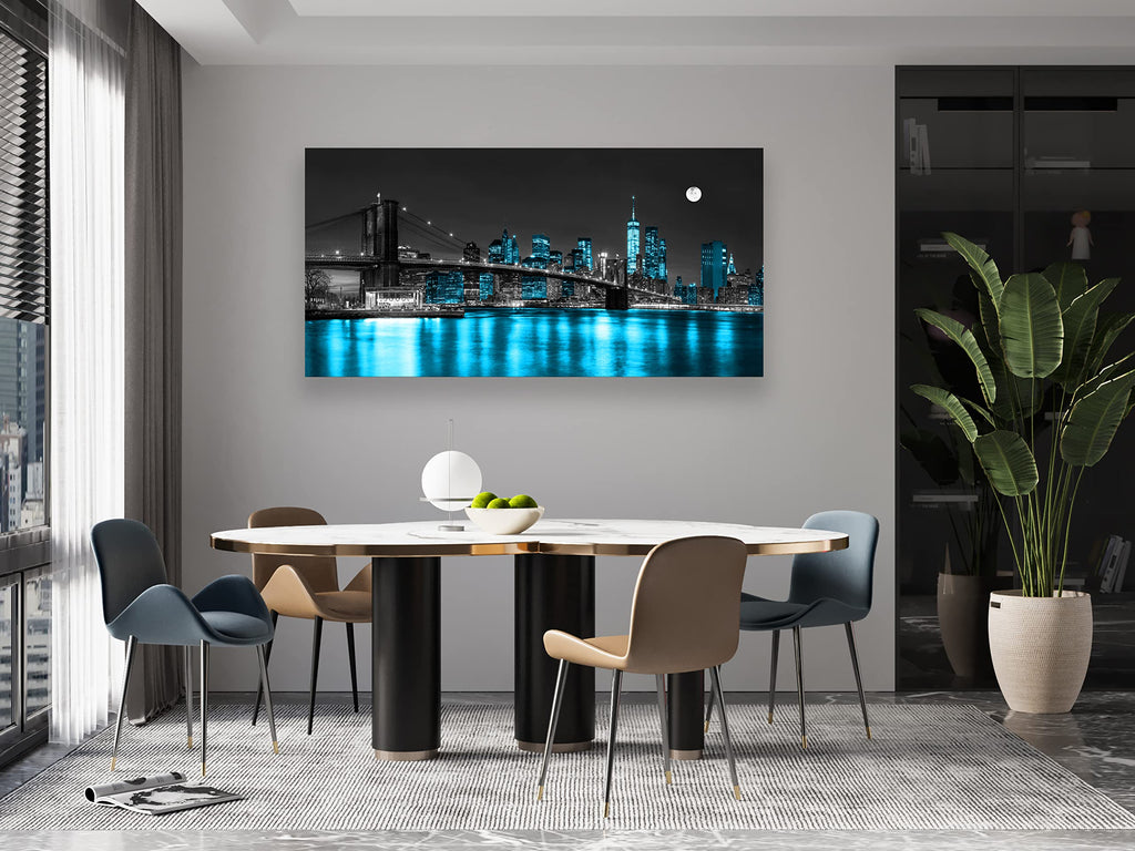 Wall Canvas Painting Black White and Blue New York Brooklyn Bridge 1 Piece Cityscape Night Building Picture Poster