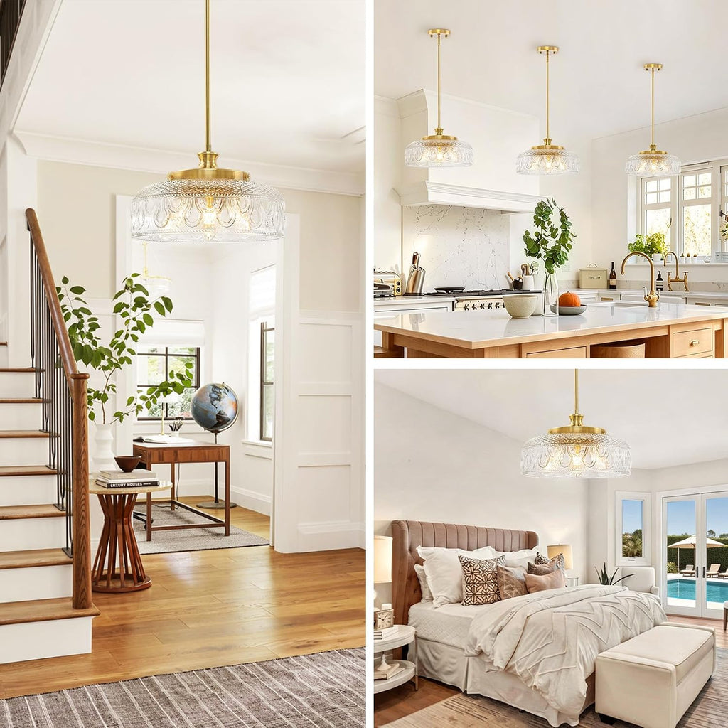 3-Light Adjustable Pendant Lights Kitchen Island, 12in Brushed Gold Modern Clear Glass Ceiling Mount Hanging Lighting