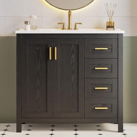 36 Inch Black Bathroom Vanity with Sink, Modern Single Sink Bath Vanity with Drawers & 2 Doors