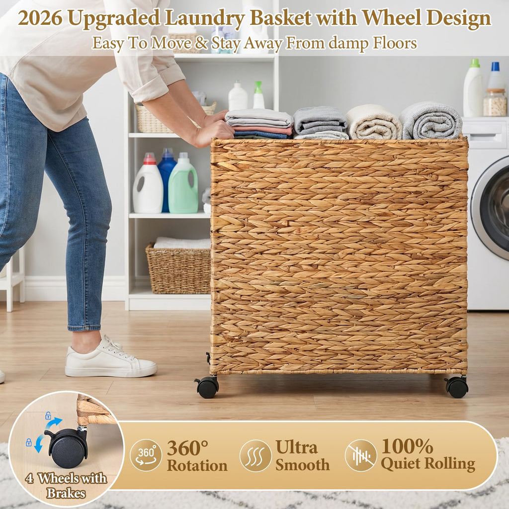 Wicker Laundry Hamper with Lid & Wheel, Rattan Laundry Basket, 120L